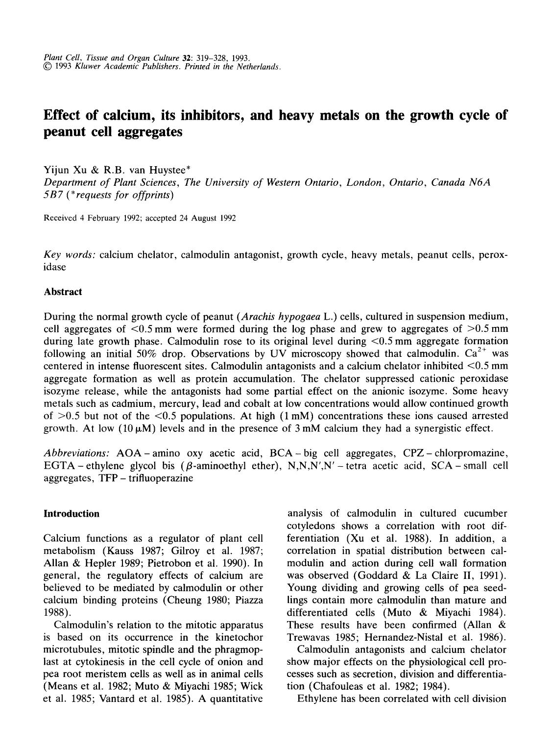 Effect of calcium, its inhibitors, and heavy metals on the growth cycle of peanut cell aggregates by Unknown