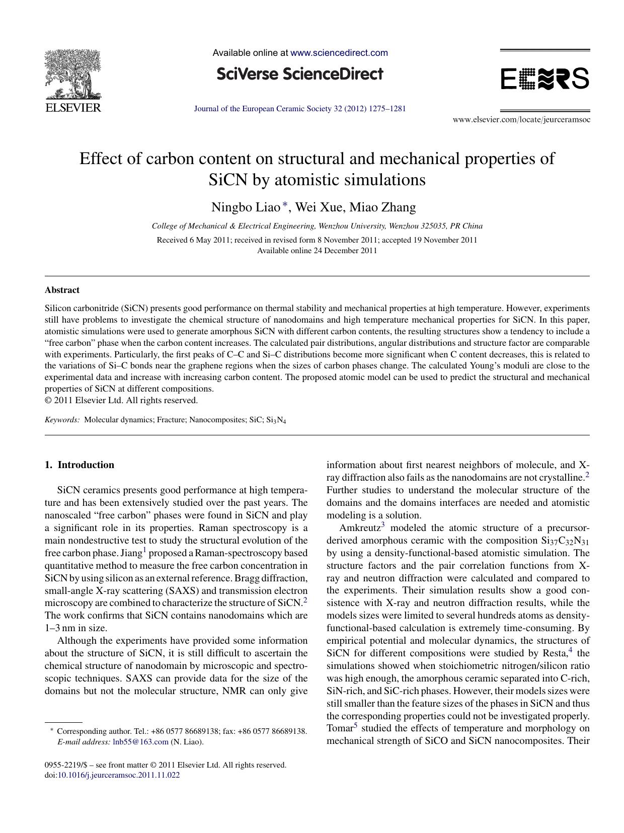 Effect of carbon content on structural and mechanical properties of SiCN by atomistic simulations by Ningbo Liao