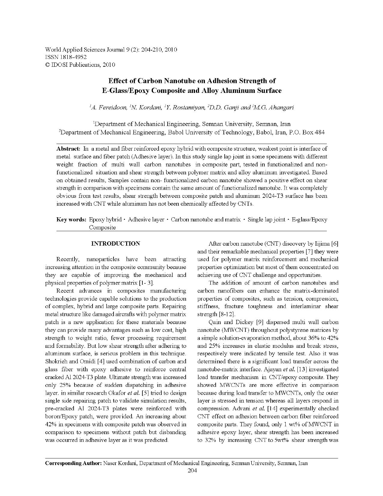 Effect of carbon nanotube on adhesion strength of e-Glass/Epoxy Composite and alloy Aluminum surface by Fereidoon A