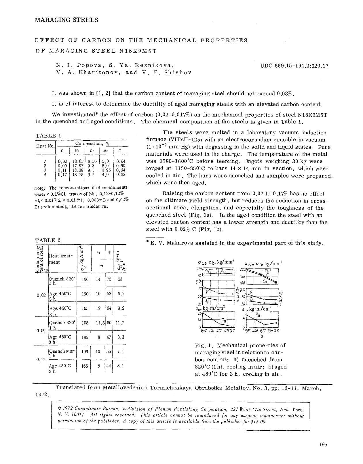 Effect of carbon on the mechanical properties of maraging steel N18K9M5T by Unknown