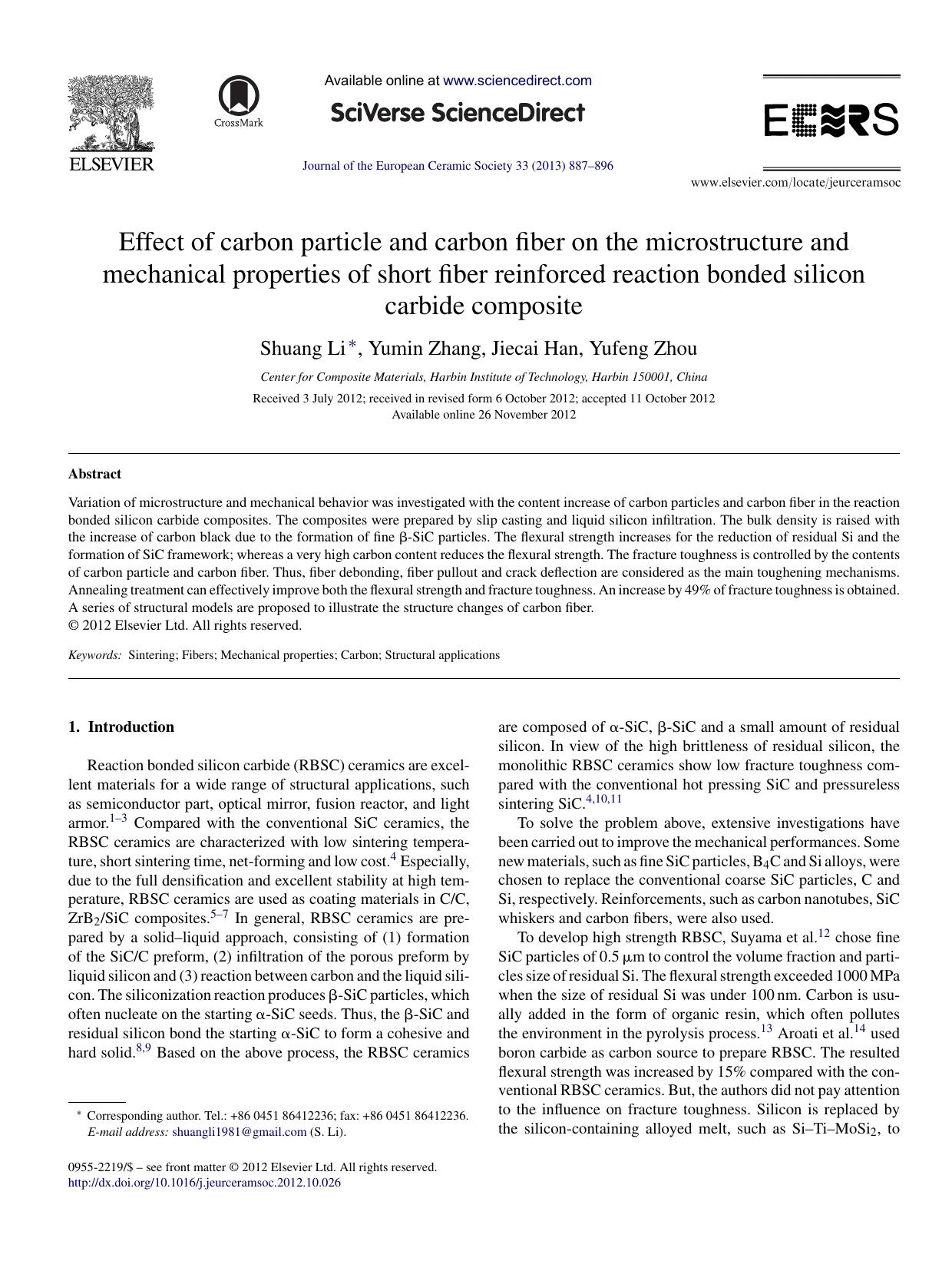 Effect of carbon particle and carbon fiber on the microstructure and mechanical properties of short fiber reinforced reaction bonded silicon carbide composite by Shuang Li