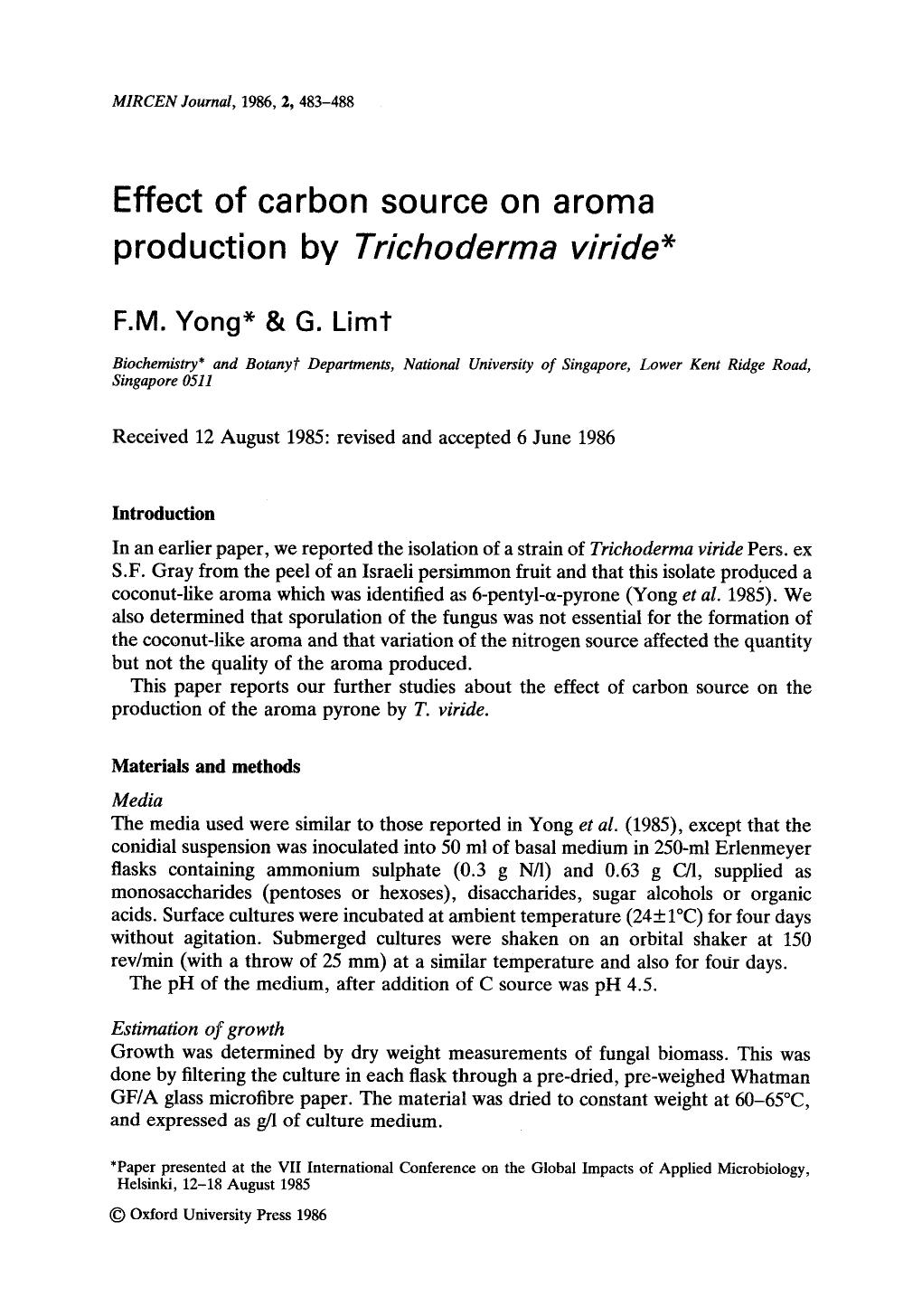 Effect of carbon source on aroma production by <Emphasis Type="Italic">Trichoderma viride <Emphasis> by Unknown