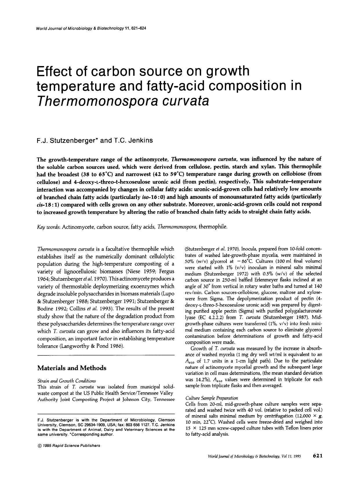 Effect of carbon source on growth temperature and fatty-acid composition in <Emphasis Type="Italic">Thermomonospora curvata<Emphasis> by Unknown