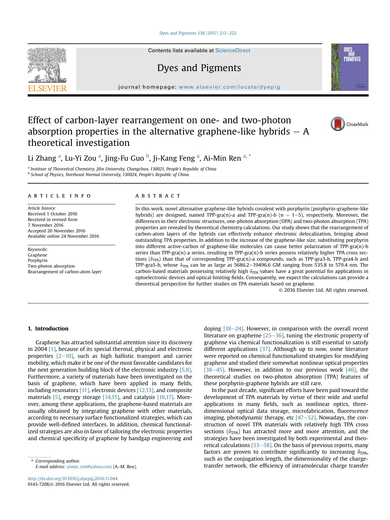 Effect of carbon-layer rearrangement on one- and two-photon absorption properties in the alternative graphene-like hybrids - A theoretical investigation by Li Zhang & Lu-Yi Zou & Jing-Fu Guo & Ji-Kang Feng & Ai-Min Ren