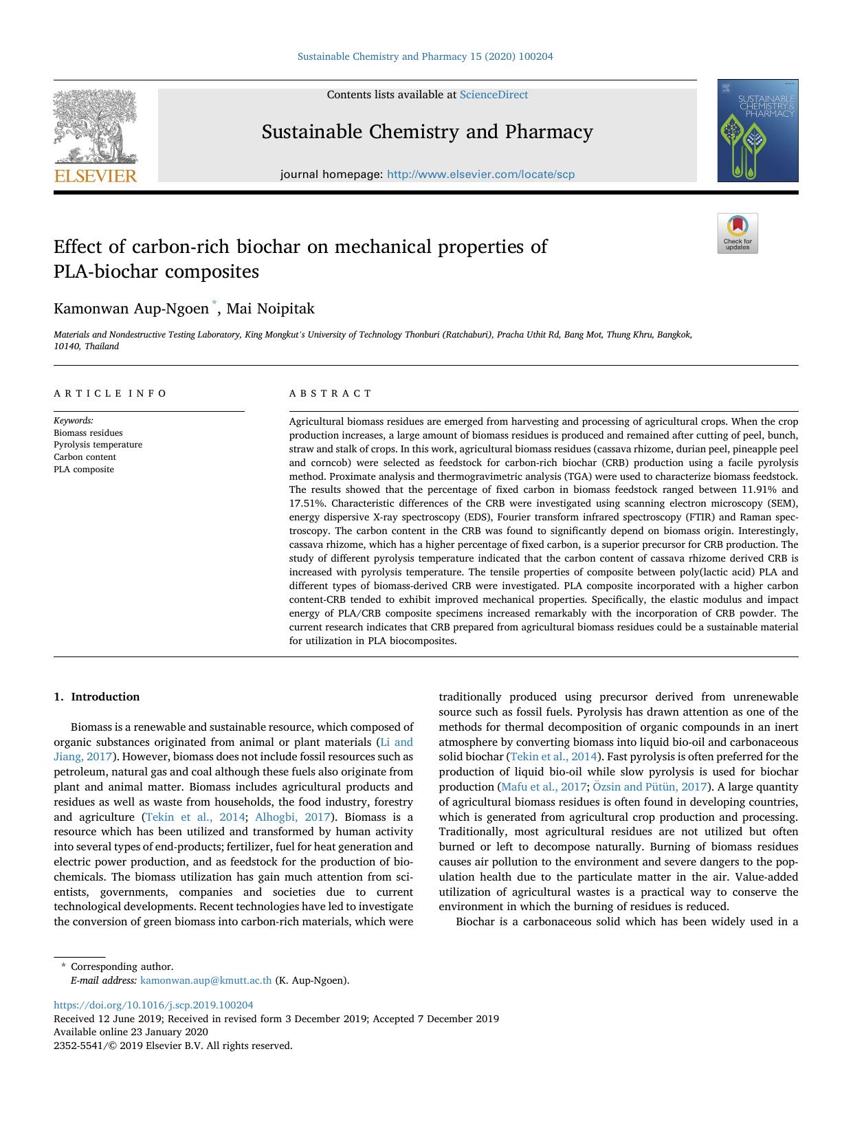 Effect of carbon-rich biochar on mechanical properties of PLA-biochar composites by Kamonwan Aup-Ngoen & Mai Noipitak