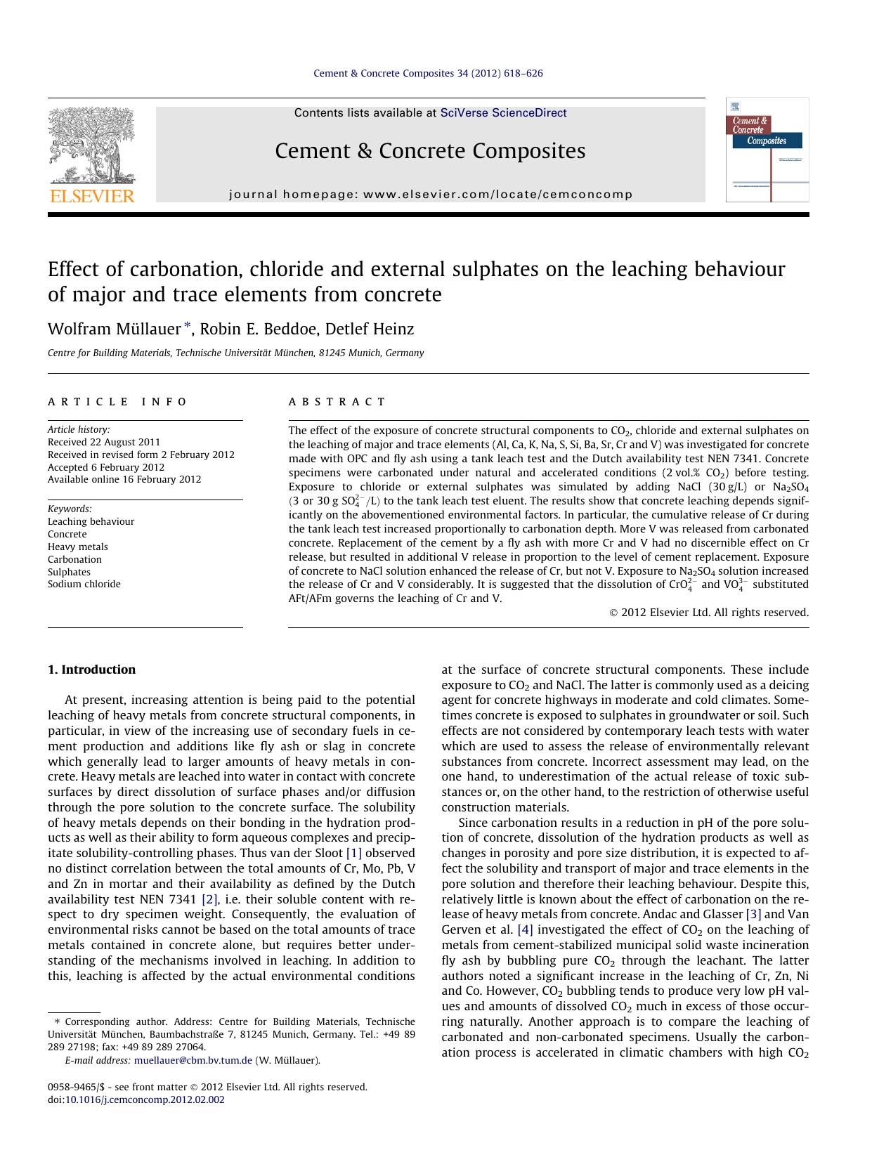 Effect of carbonation, chloride and external sulphates on the leaching behaviour of major and trace elements from concrete by Wolfram MÃ¼llauer & Robin E. Beddoe & Detlef Heinz