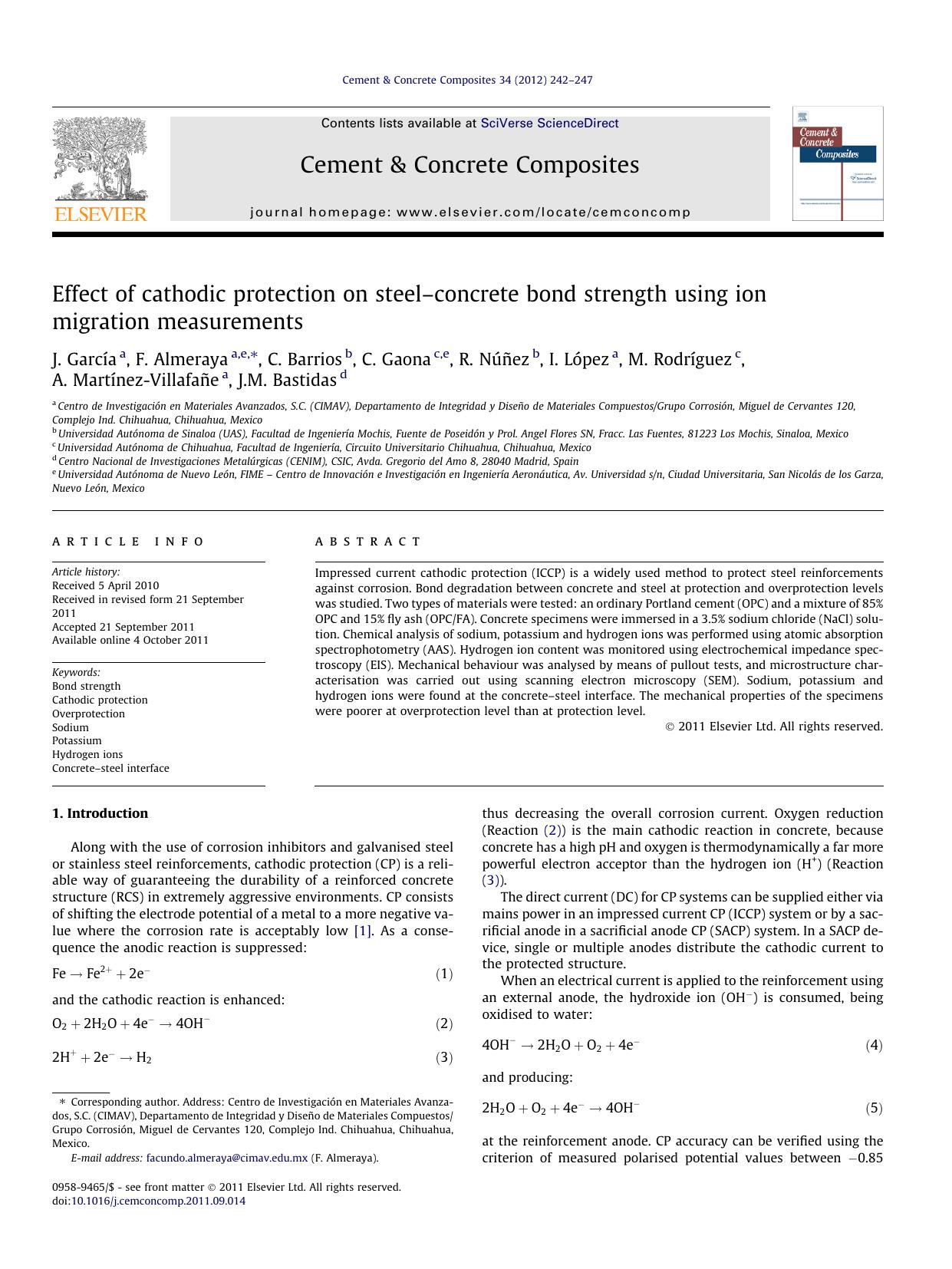 Effect of cathodic protection on steelÃ¢â¬âconcrete bond strength using ion migration measurements by unknow