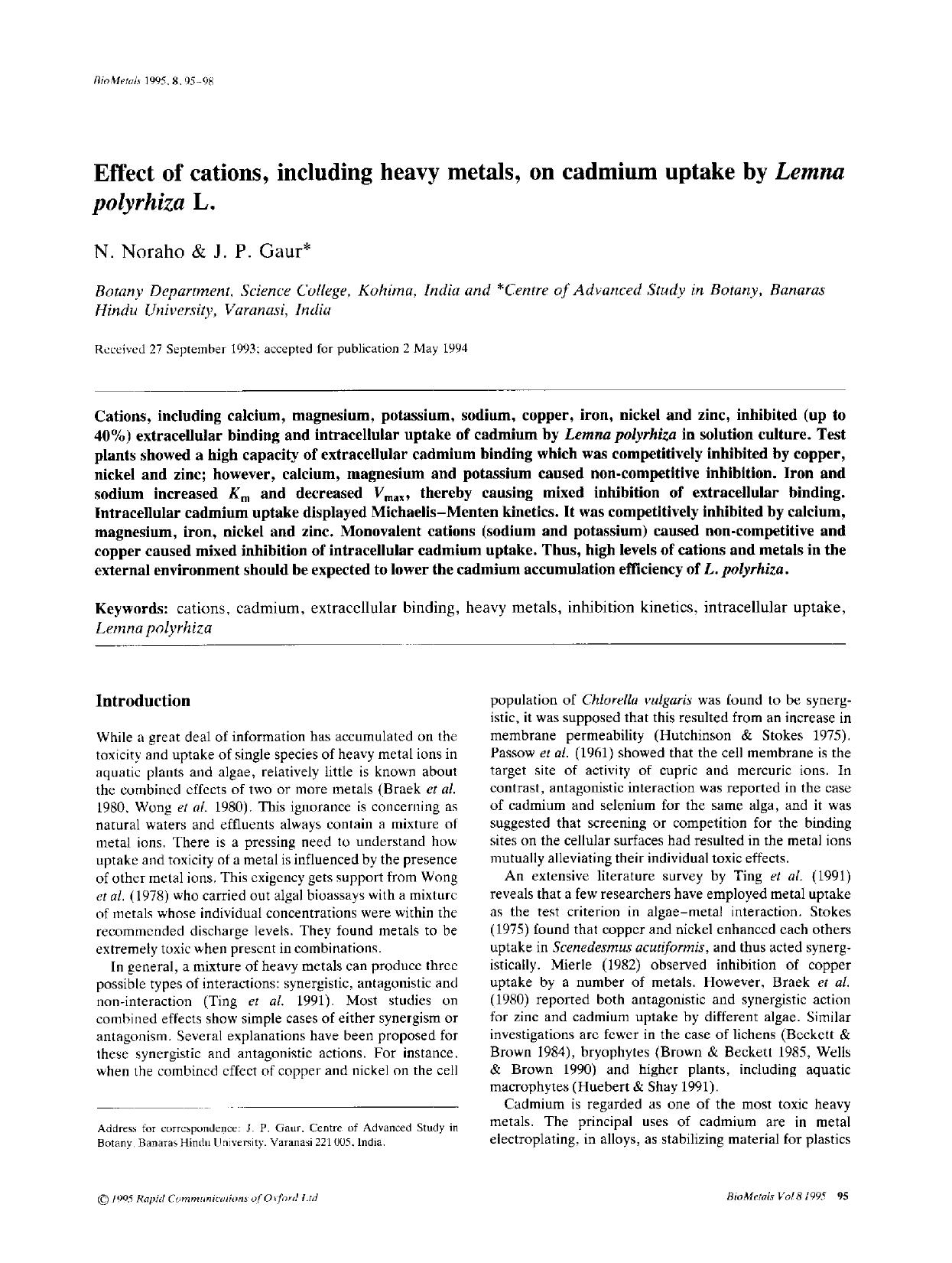 Effect of cations, including heavy metals, on cadmium uptake by <Emphasis Type="Italic">Lemna polyrhiza<Emphasis> L. by Unknown