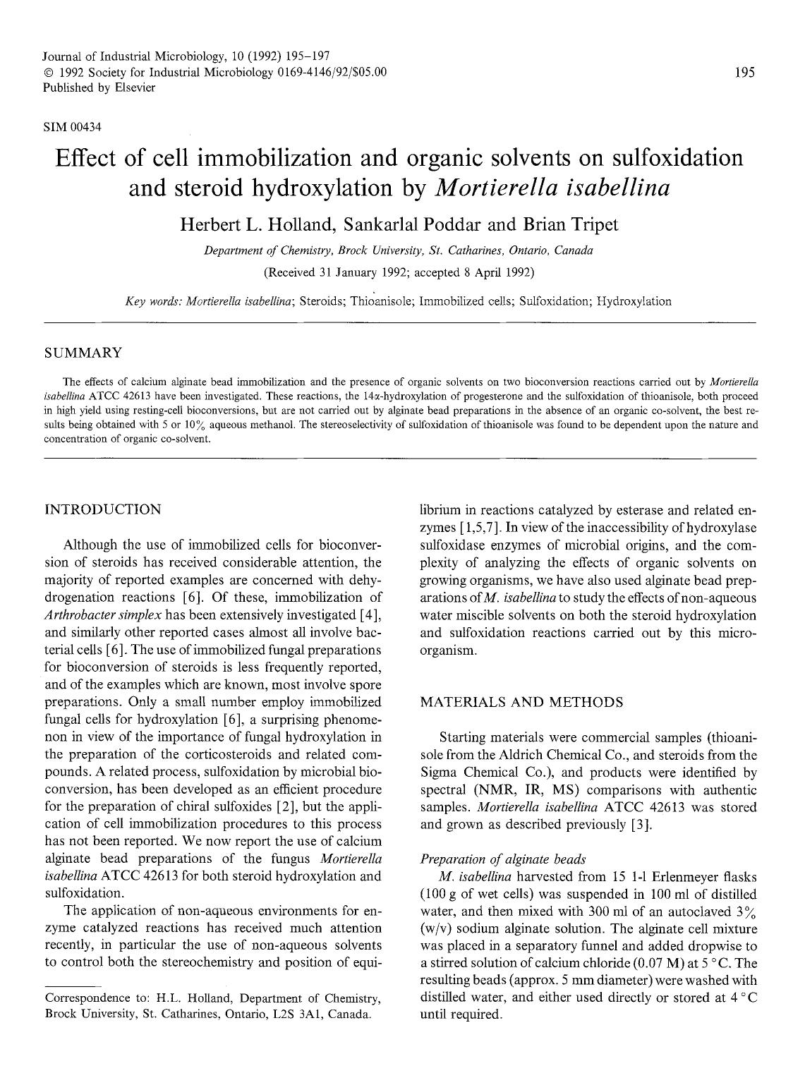 Effect of cell immobilization and organic solvents on sulfoxidation and steroid hydroxylation by <Emphasis Type="Italic">Mortierella isabellina <Emphasis> by Unknown