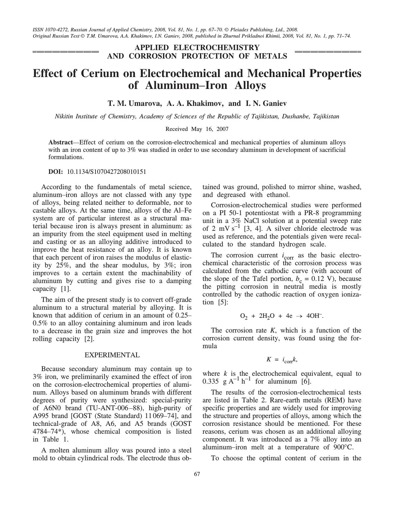 Effect of cerium on electrochemical and mechanical properties of aluminum-iron alloys by Unknown