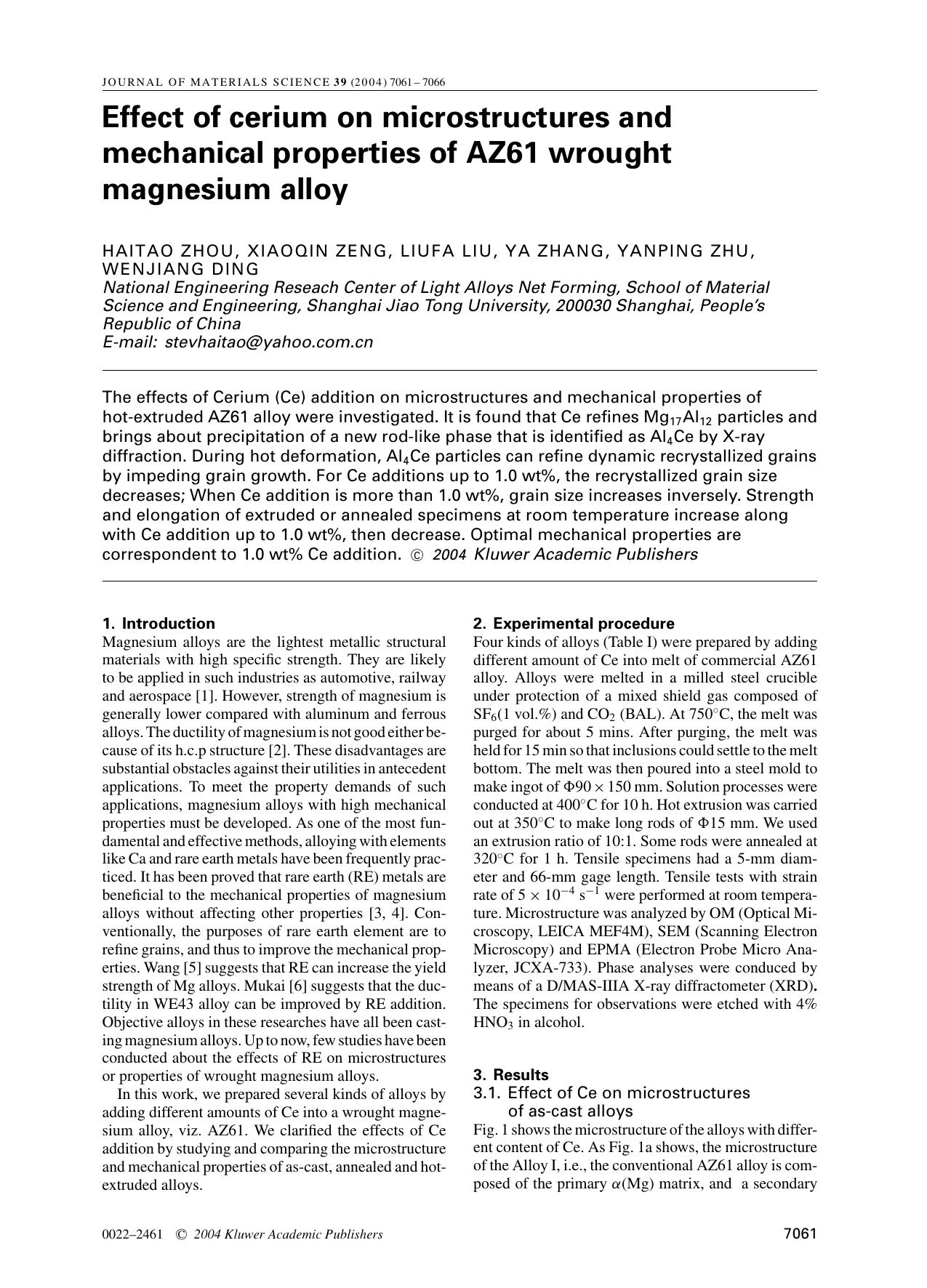 Effect of cerium on microstructures and mechanical properties of AZ61 wrought magnesium alloy by Unknown