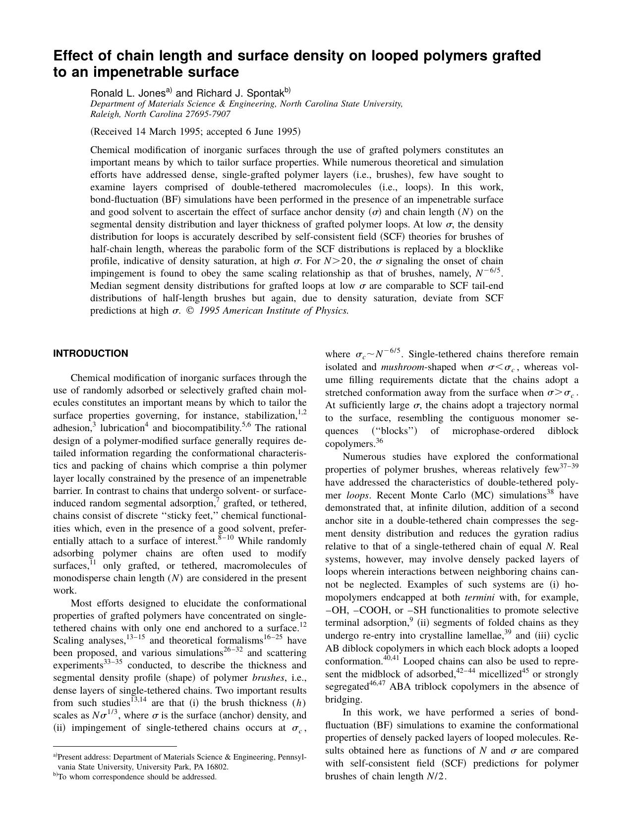 Effect of chain length and surface density on looped polymers grafted to an impenetrable surface by Ronald L. Jones and Richard J. Spontak