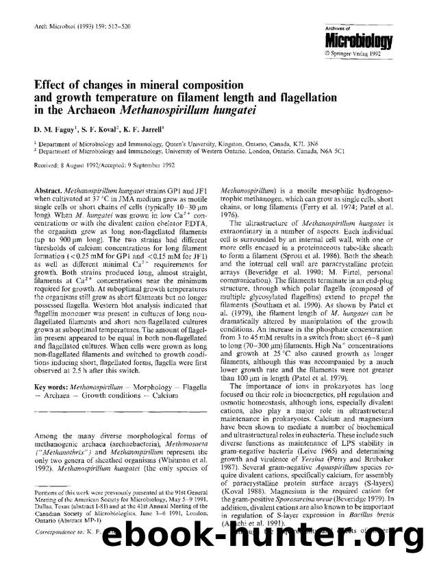 Effect of changes in mineral composition and growth temperature on filament length and flagellation in the Archaeon <Emphasis Type="Italic">Methanospirillum hungatei<Emphasis> by Unknown