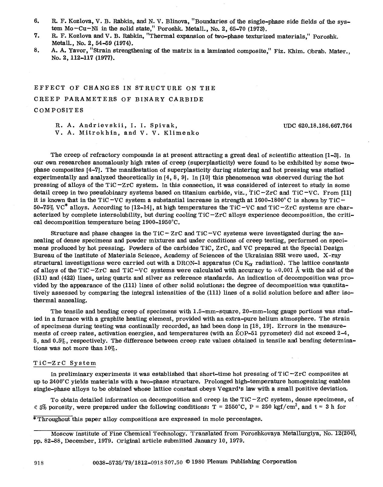 Effect of changes in structure on the creep parameters of binary carbide composites by Unknown