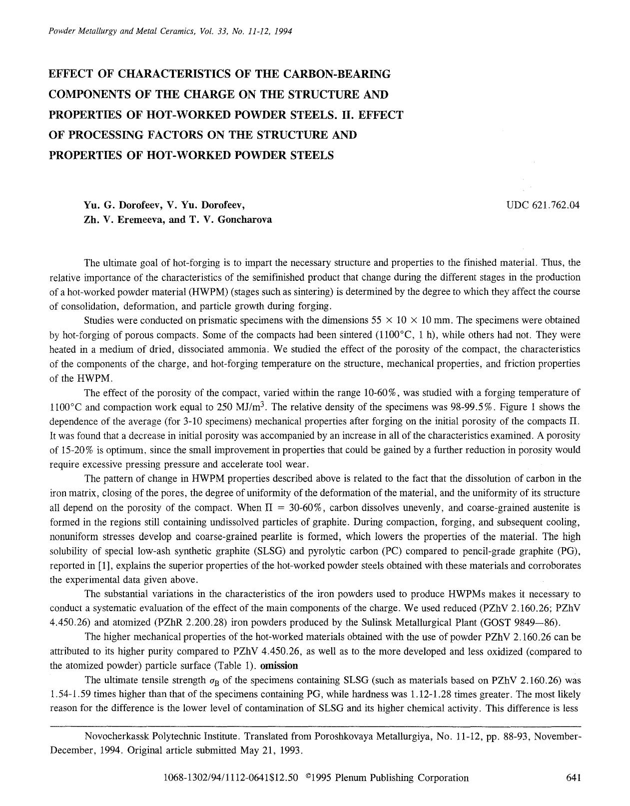 Effect of characteristics of the carbon-bearing components of the charge on the structure and properties of hot-worked powder steels. II. Effect of processing factors on the struct by Unknown