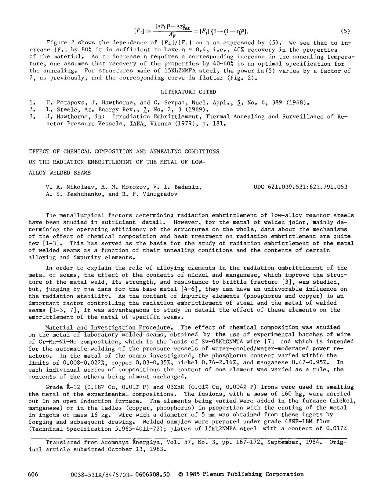 Effect of chemical composition and annealing conditions on the radiation embrittlement of the metal of low-alloy welded seams by Unknown