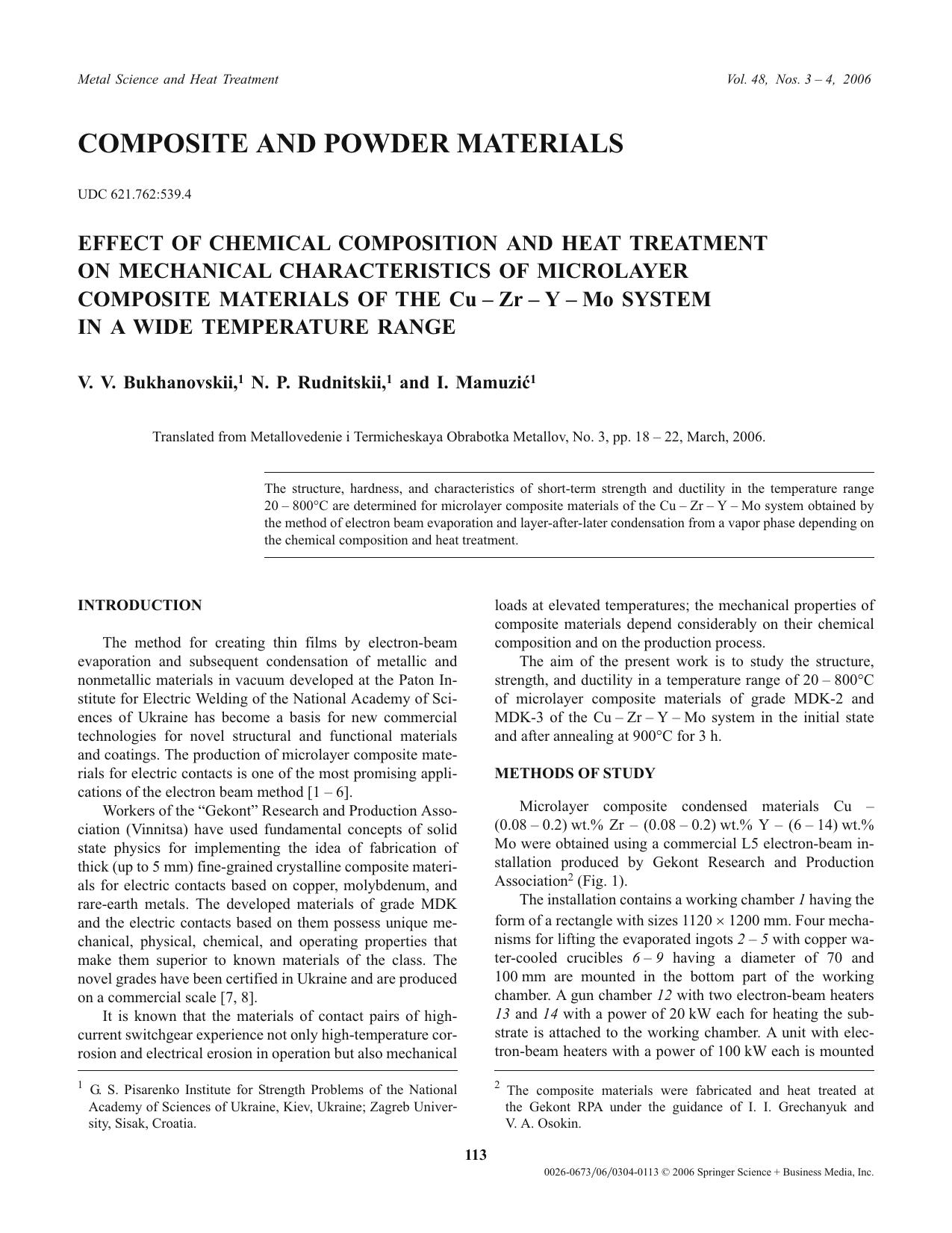 Effect of chemical composition and heat treatment on mechanical characteristics of microlayer composite materials of the Cu-Zr-Y-Mo System in a wide temperature range by Unknown