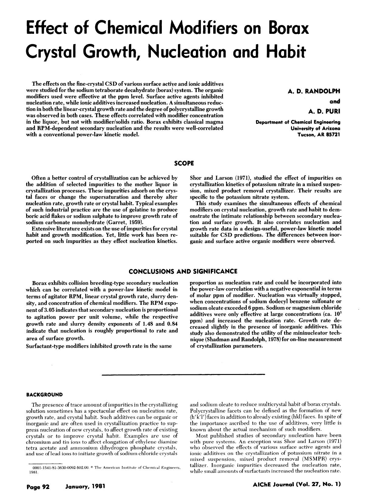 Effect of chemical modifiers on borax crystal growth, nucleation and habit by Unknown