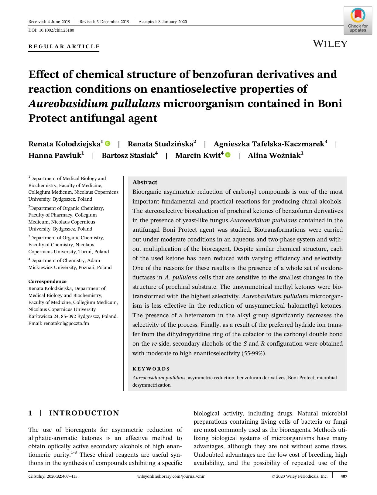 Effect of chemical structure of benzofuran derivatives and reaction conditions on enantioselective properties of Aureobasidium pullulans microorganism contained in Boni Protect antifungal agent by unknow