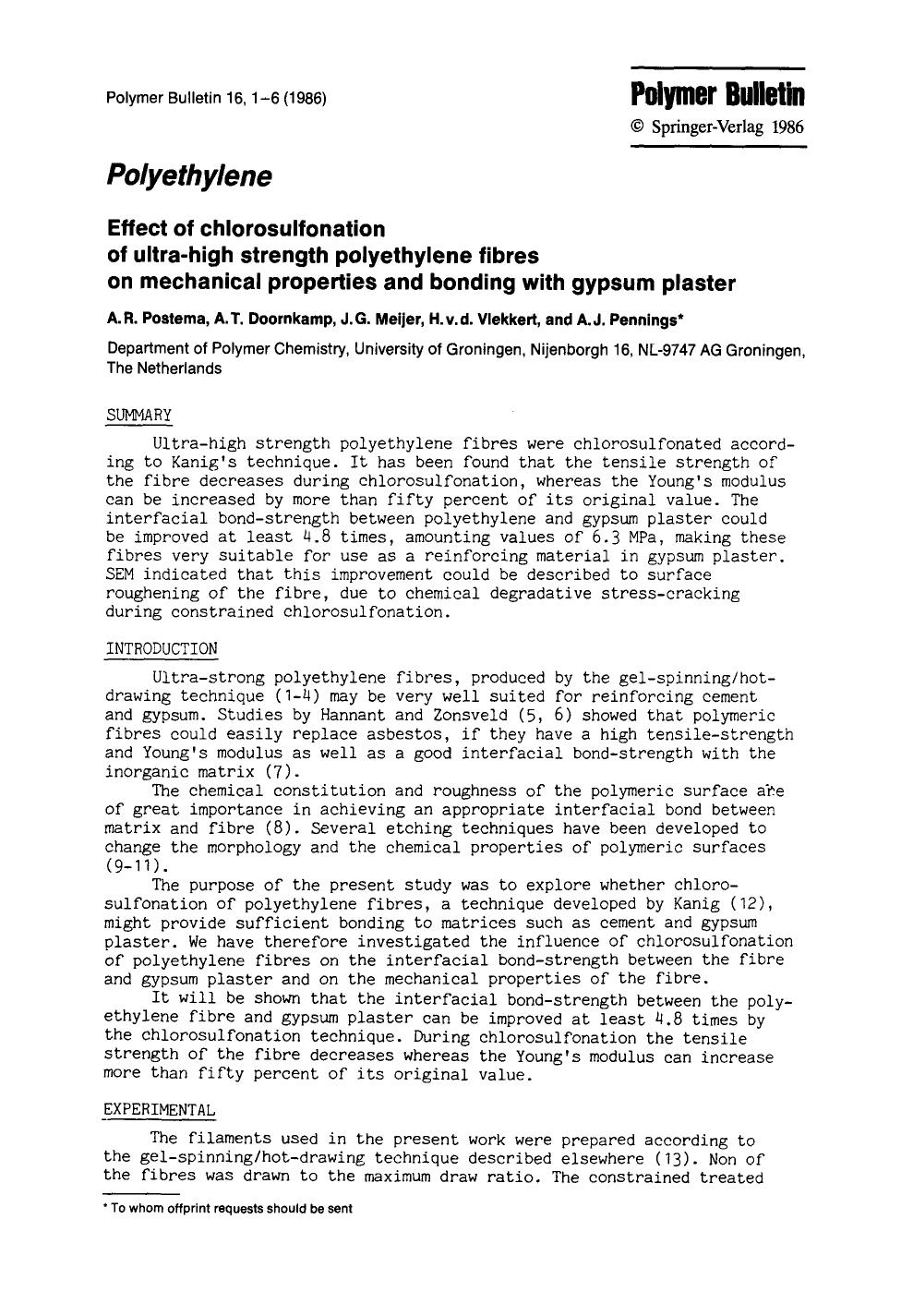 Effect of chlorosulfonation of ultra-high strength polyethylene fibres on mechanical properties and bonding with gypsum plaster by Unknown