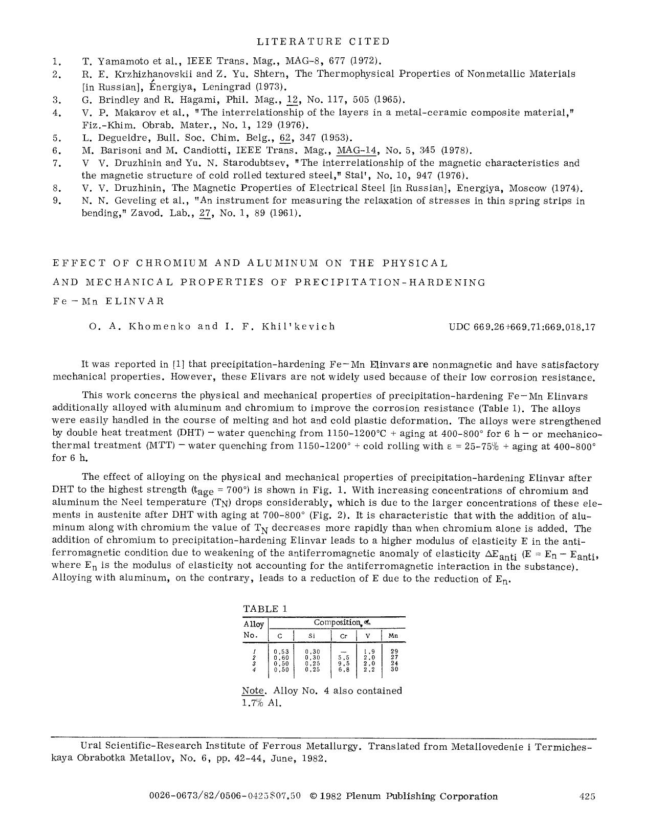 Effect of chromium and aluminum on the physical and mechanical properties of precipitation-hardening Fe-Mn Elinvar by Unknown
