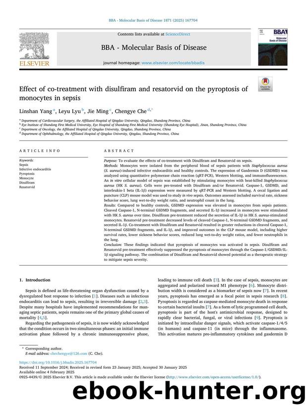 Effect of co-treatment with disulfiram and resatorvid on the pyroptosis of monocytes in sepsis by Linshan Yang & Leyu Lyu & Jie Ming & Chengye Che