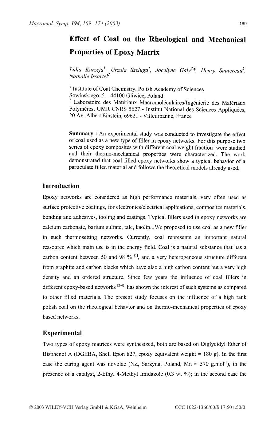 Effect of coal on the rheological and mechanical properties of epoxy matrix by Unknown
