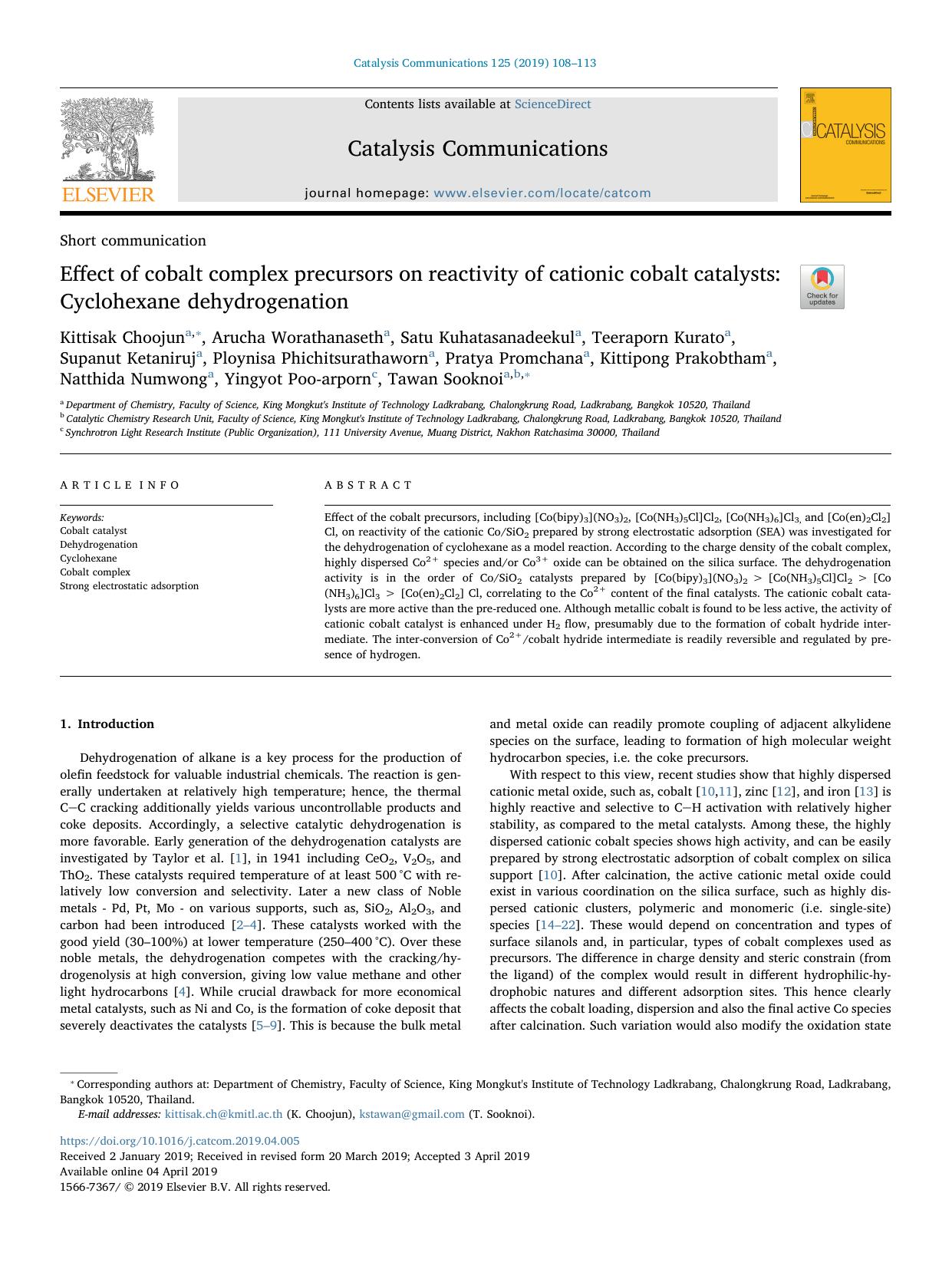 Effect of cobalt complex precursors on reactivity of cationic cobalt catalysts_ Cyclohexane dehydrogenation by unknow