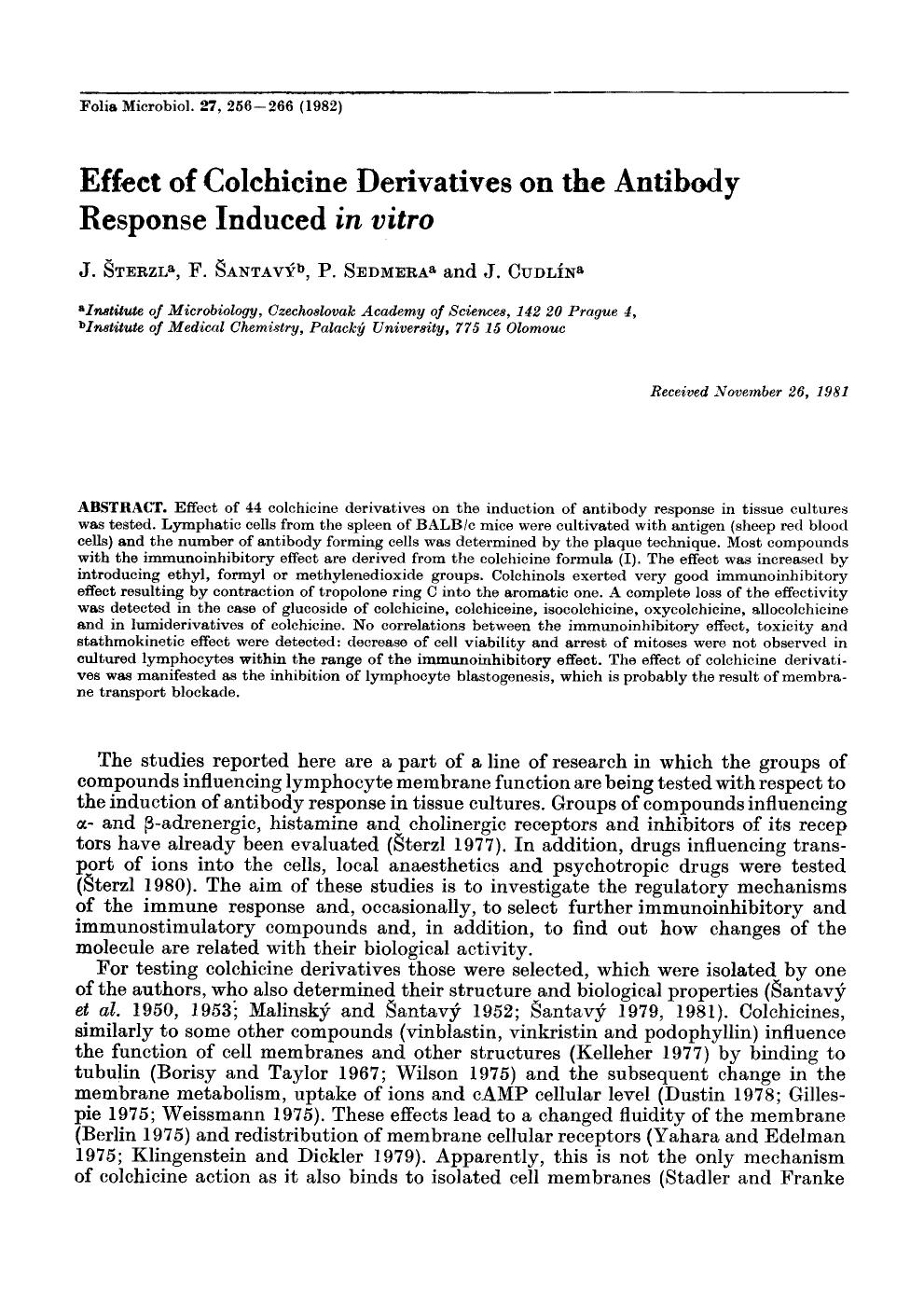 Effect of colchicine derivatives on the antibody response induced <Emphasis Type="Italic">in vitro <Emphasis> by Unknown