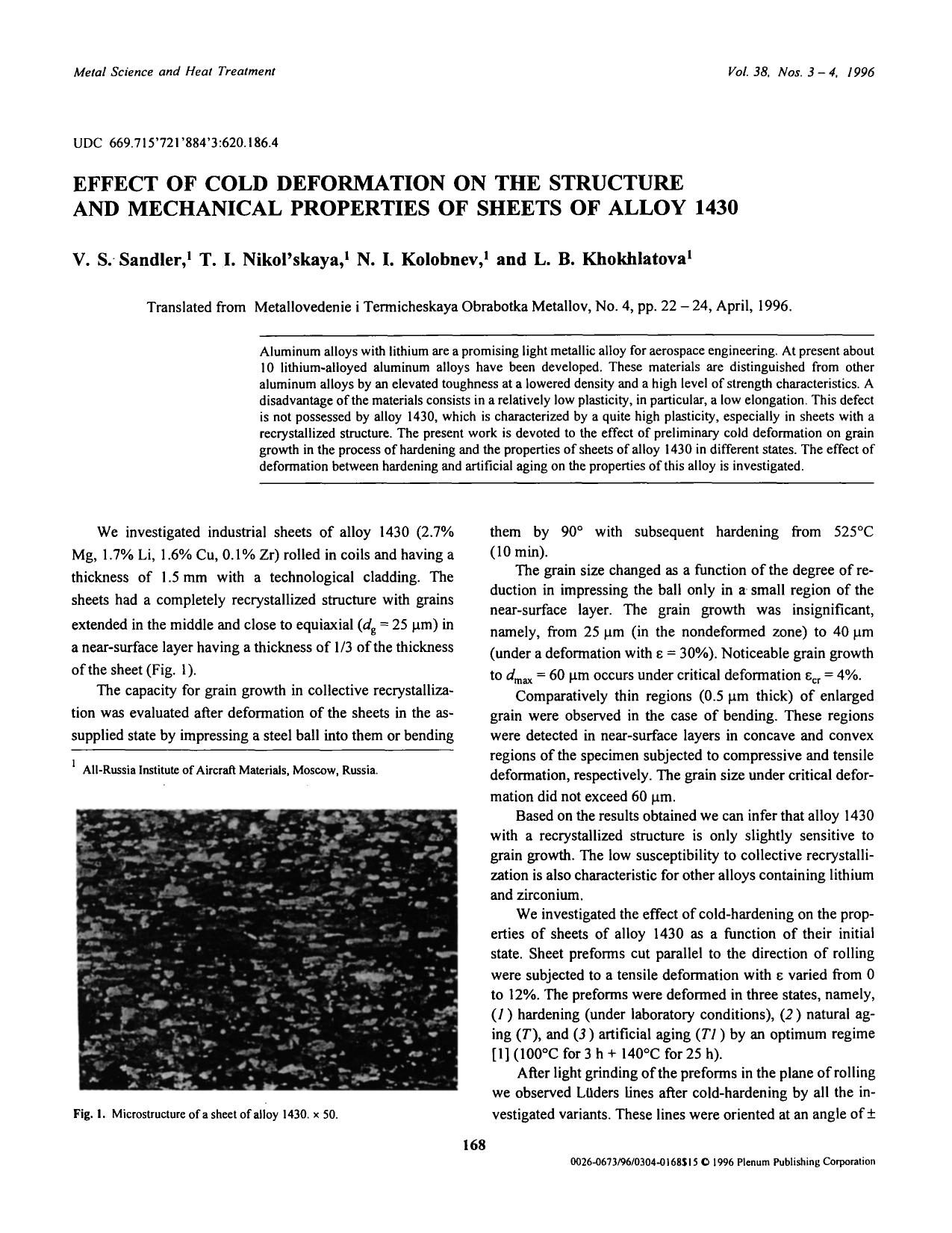 Effect of cold deformation on the structure and mechanical properties of sheets of alloy 1430 by Unknown