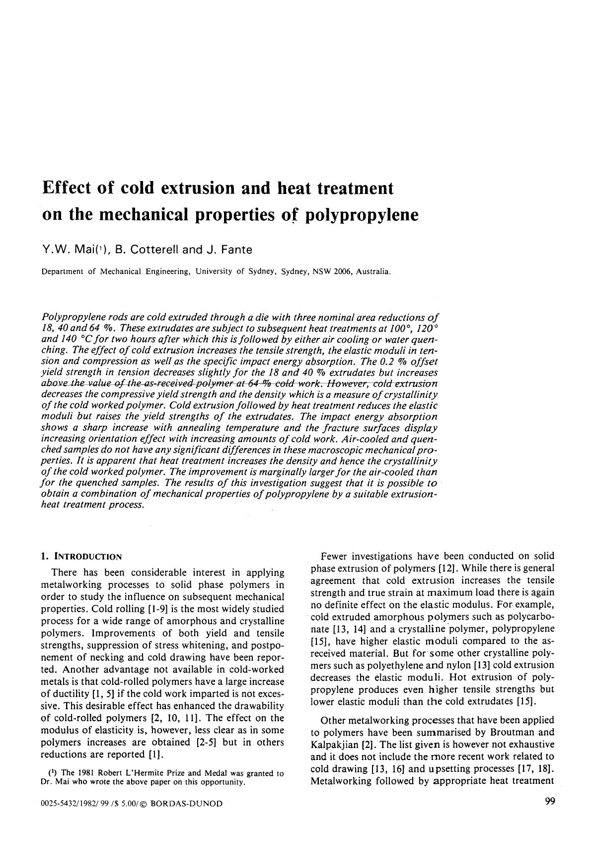 Effect of cold extrusion and heat treatment on the mechanical properties of polypropylene by Unknown