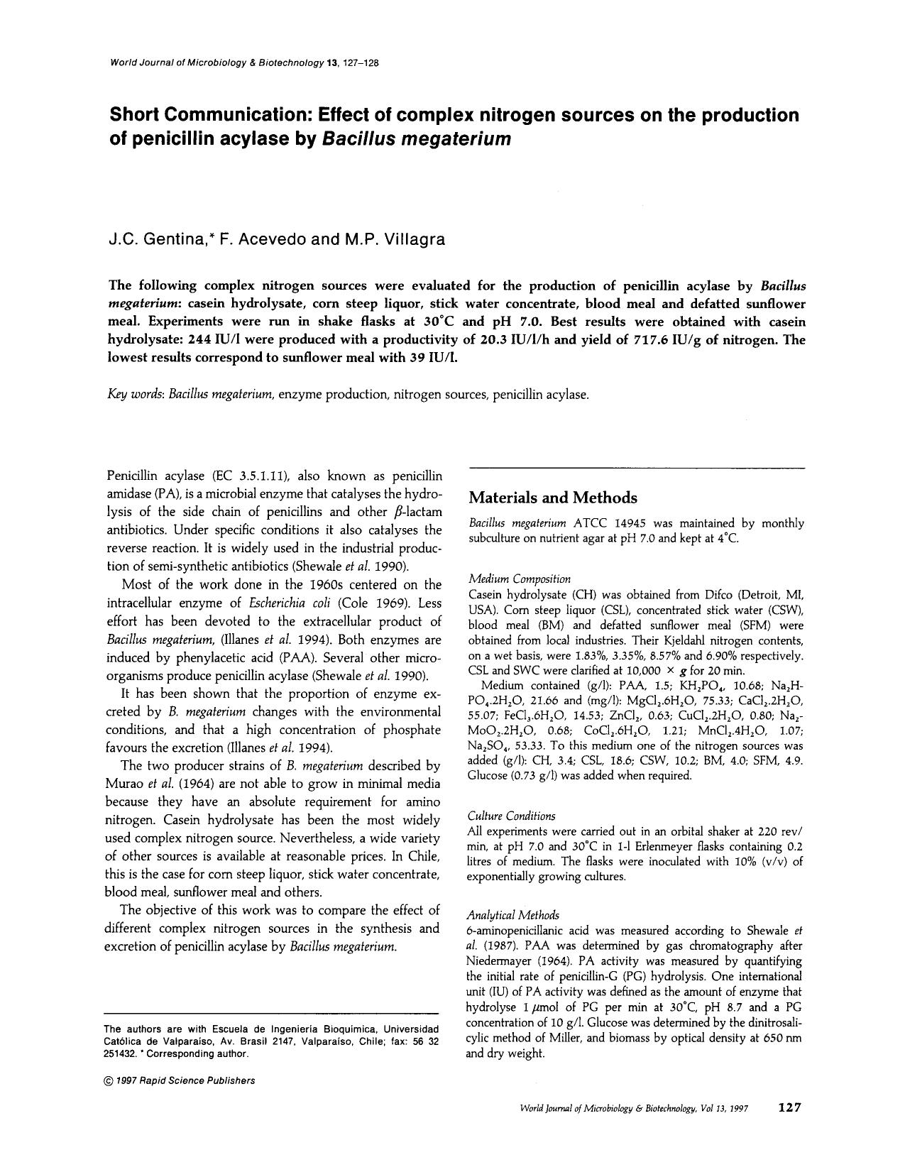 Effect of complex nitrogen sources on the production of penicillin acylase by <Emphasis Type="Italic">Bacillus megaterium <Emphasis> by Unknown