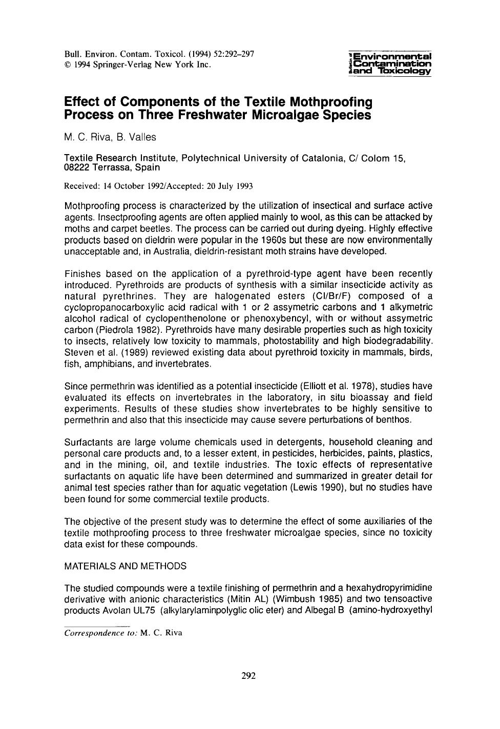 Effect of components of the textile mothproofing process on three freshwater microalgae species by Unknown