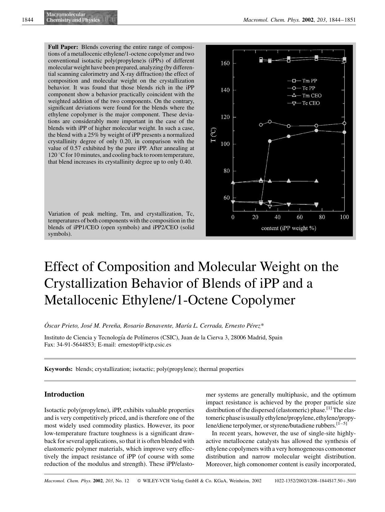 Effect of composition and molecular weight on the crystallization behavior of blends of iPP and a metallocenic ethylene1-octene copolymer by Unknown