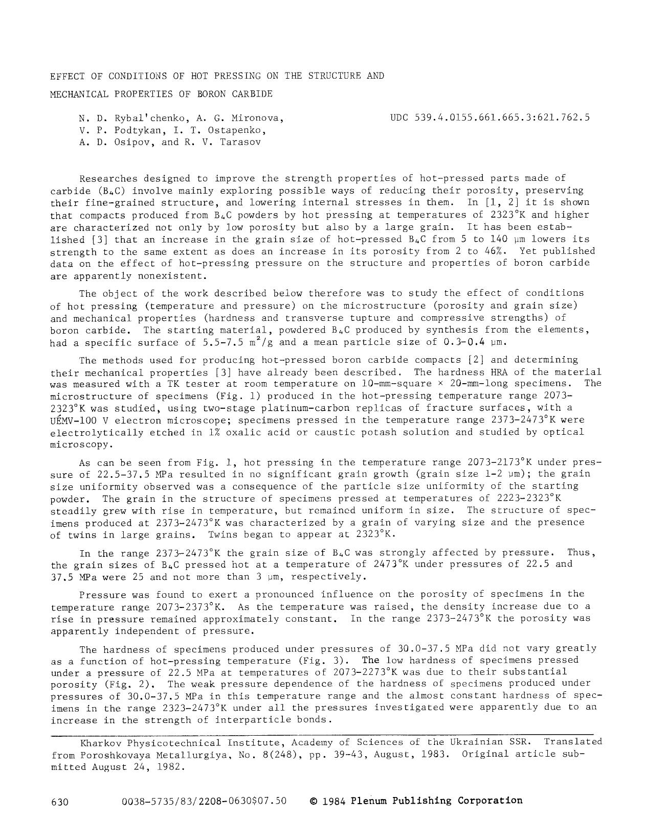 Effect of conditions of hot pressing on the structure and mechanical properties of boron carbide by Unknown