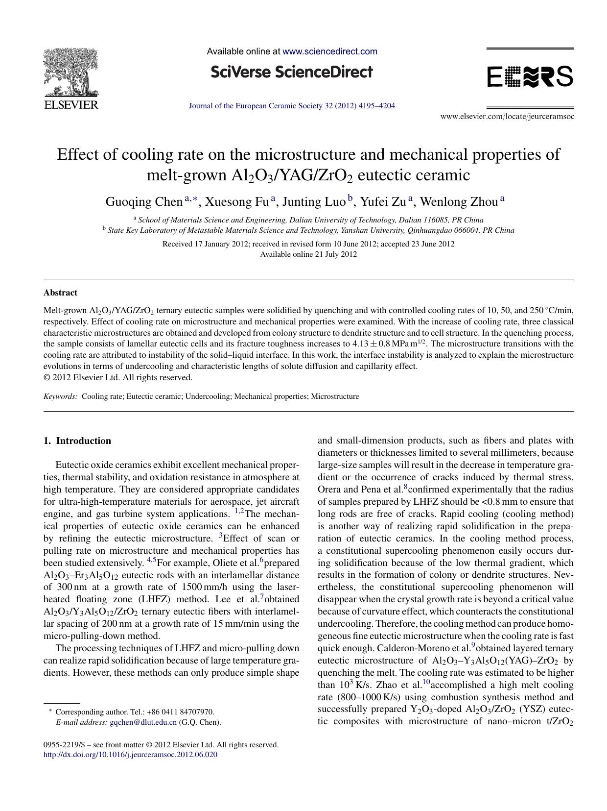 Effect of cooling rate on the microstructure and mechanical properties of melt-grown Al2O3YAGZrO2 eutectic ceramic by Guoqing Chen