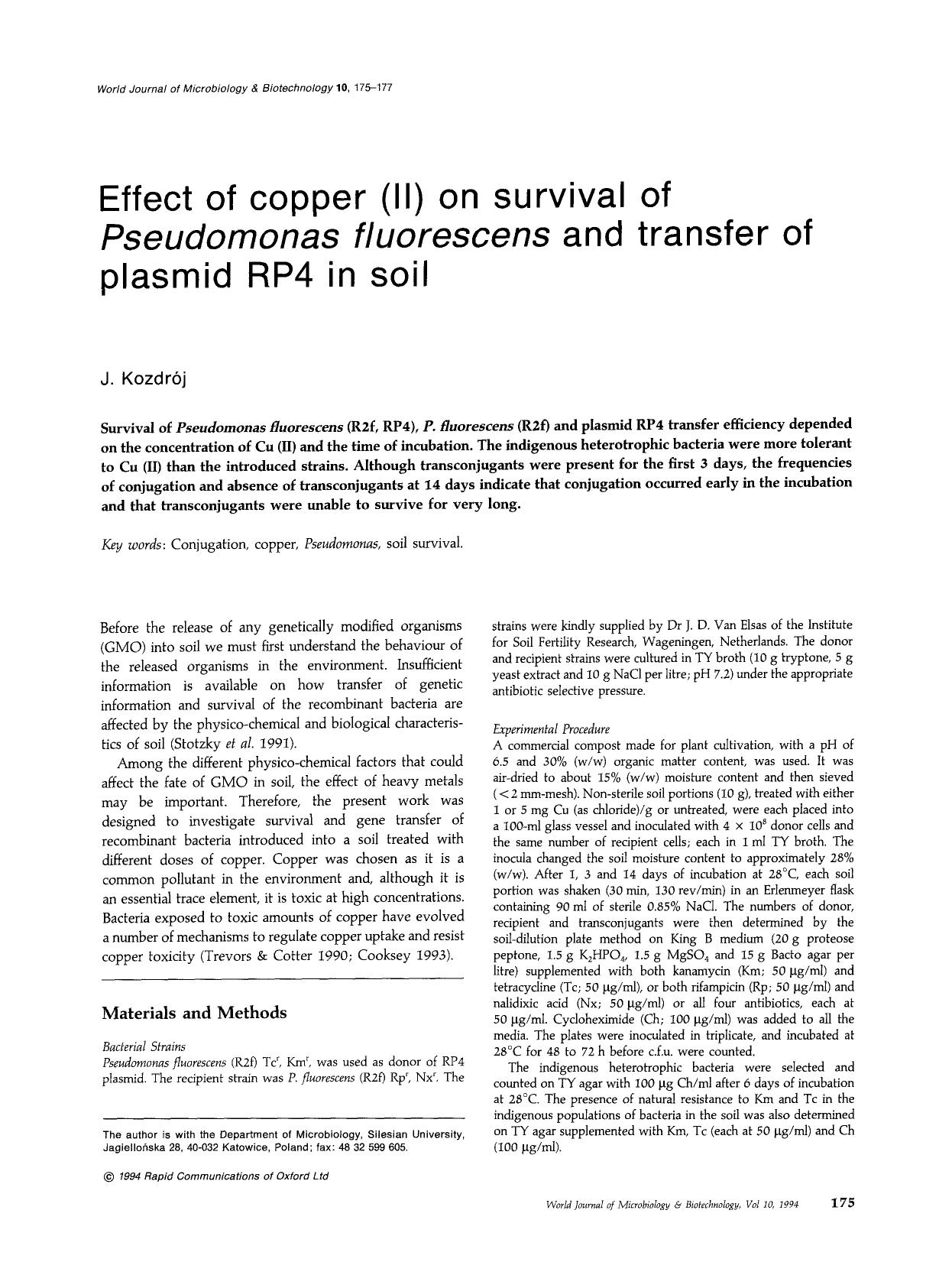 Effect of copper (II) on survival of <Emphasis Type="Italic">Pseudomonas fluorescens<Emphasis> and transfer of plasmid RP4 in soil by Unknown