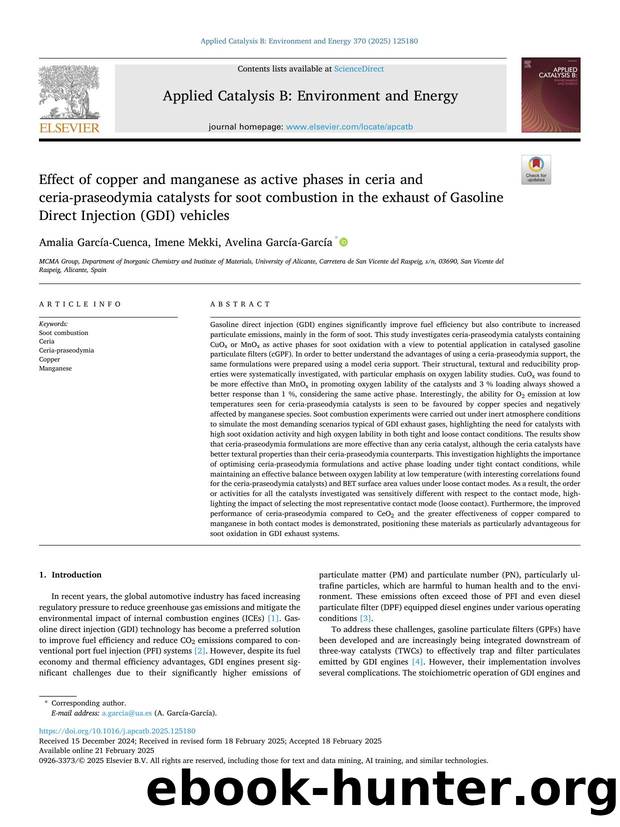 Effect of copper and manganese as active phases in ceria and ceria-praseodymia catalysts for soot combustion in the exhaust of Gasoline Direct Injection (GDI) vehicles by Amalia García-Cuenca & Imene Mekki & Avelina García-García