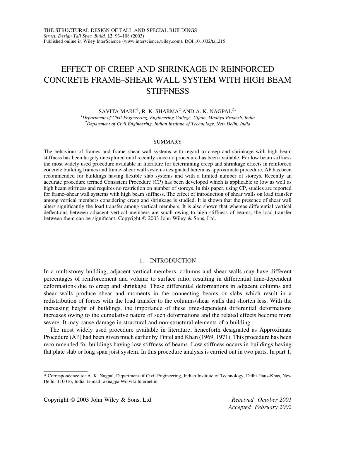 Effect of creep and shrinkage in reinforced concrete frame-shear wall system with high beam stiffness by Unknown