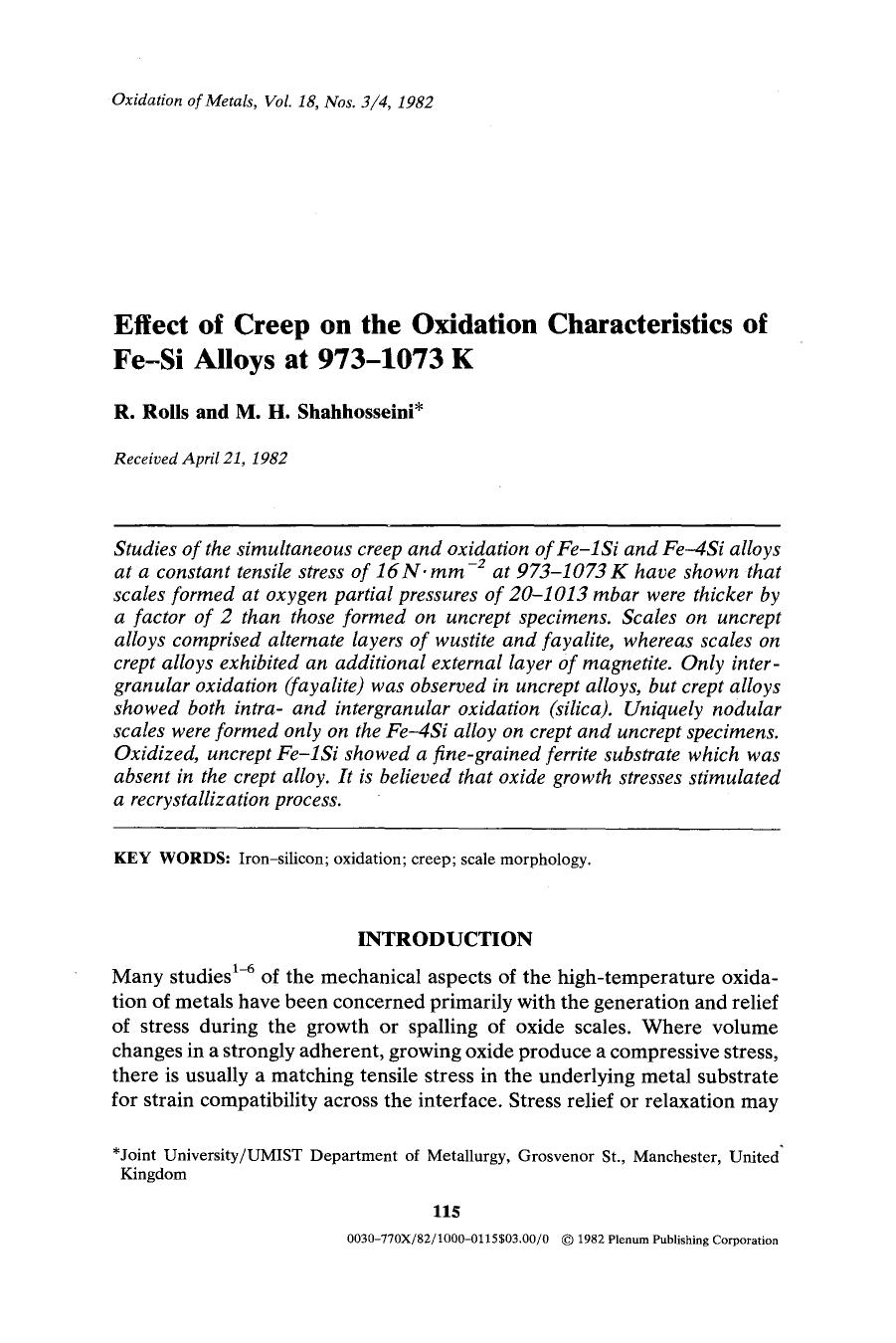 Effect of creep on the oxidation characteristics of Fe-Si alloys at 973–1073 K by Unknown