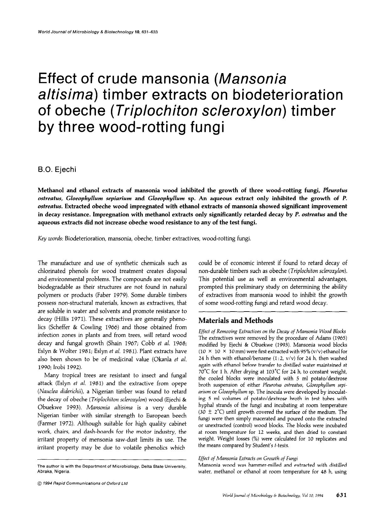 Effect of crude mansonia (<Emphasis Type="Italic">Mansonia altisima<Emphasis>) timber extracts on biodeterioration of obeche (<Emphasis Type="Italic">Triplochiton scleroxylon<Empha by Unknown