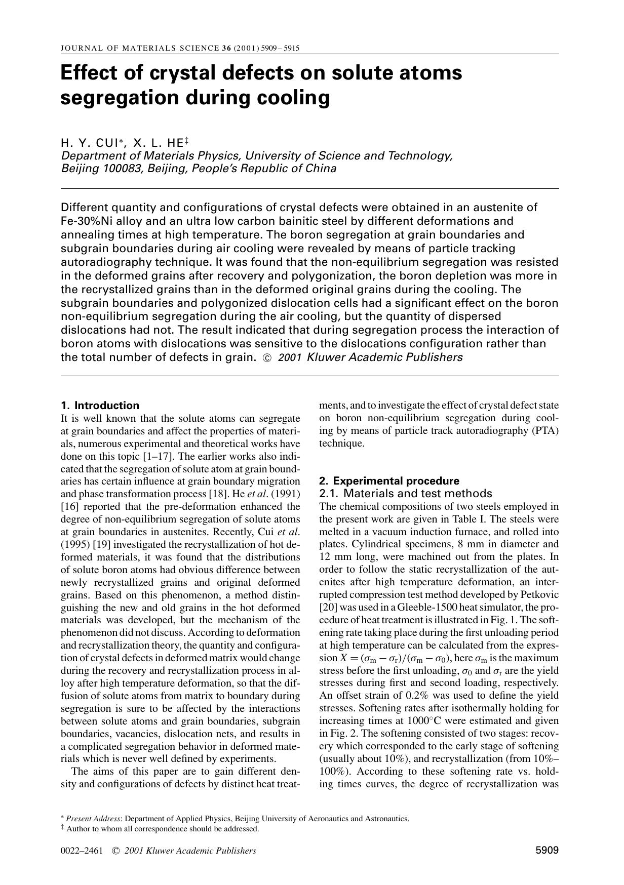 Effect of crystal defects on solute atoms segregation during cooling by Unknown