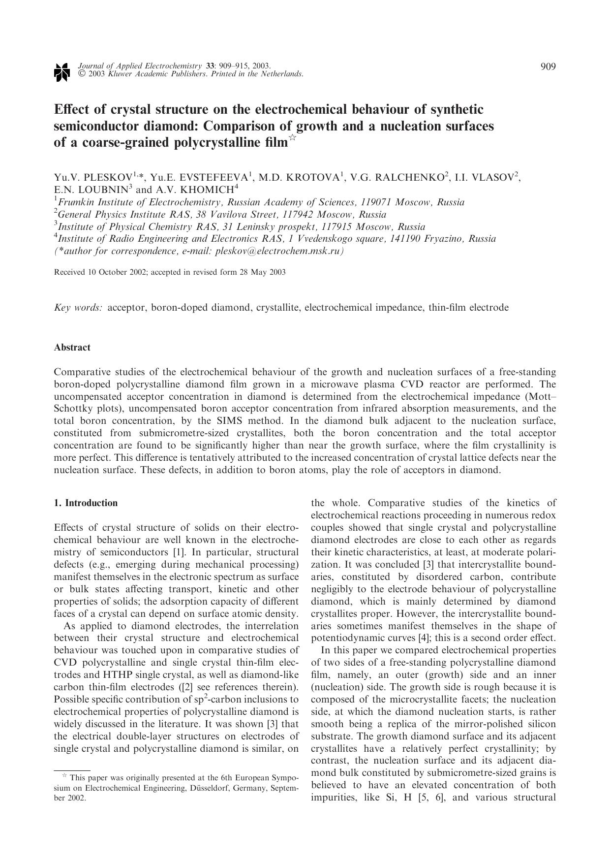 Effect of crystal structure on the electrochemical behaviour of synthetic semiconductor diamond: Comparison of growth and a nucleation surfaces of a coarse-grained polycrystalline film by Unknown