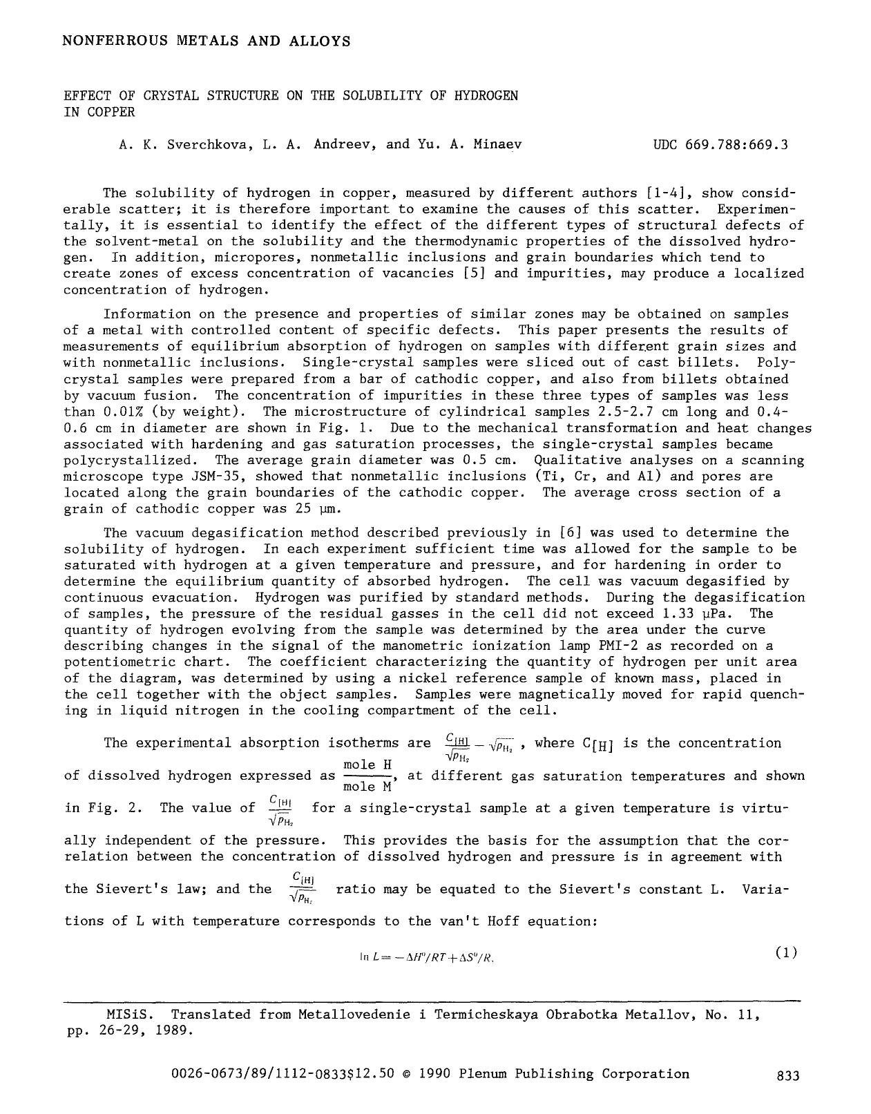 Effect of crystal structure on the solubility of hydrogen in copper by Unknown