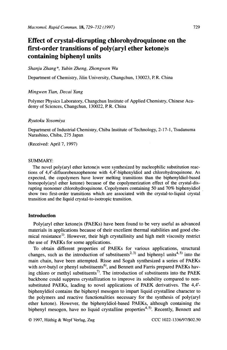 Effect of crystal-disrupting chlorohydroquinone on the first-order transitions of poly(aryl ether ketone)s containing biphenyl units by Unknown