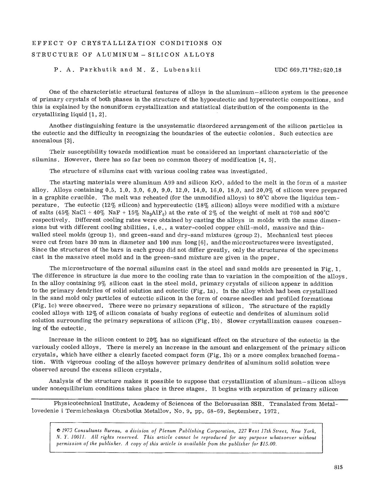 Effect of crystallization conditions on structure of aluminum-silicon alloys by Unknown