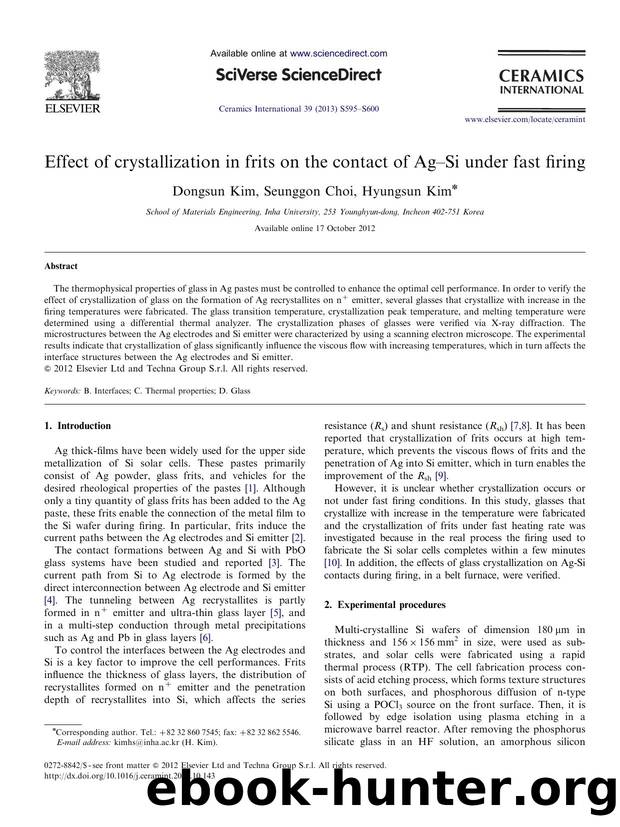 Effect of crystallization in frits on the contact of Agî¸Si under fast firing by Dongsun Kim & Seunggon Choi & Hyungsun Kim