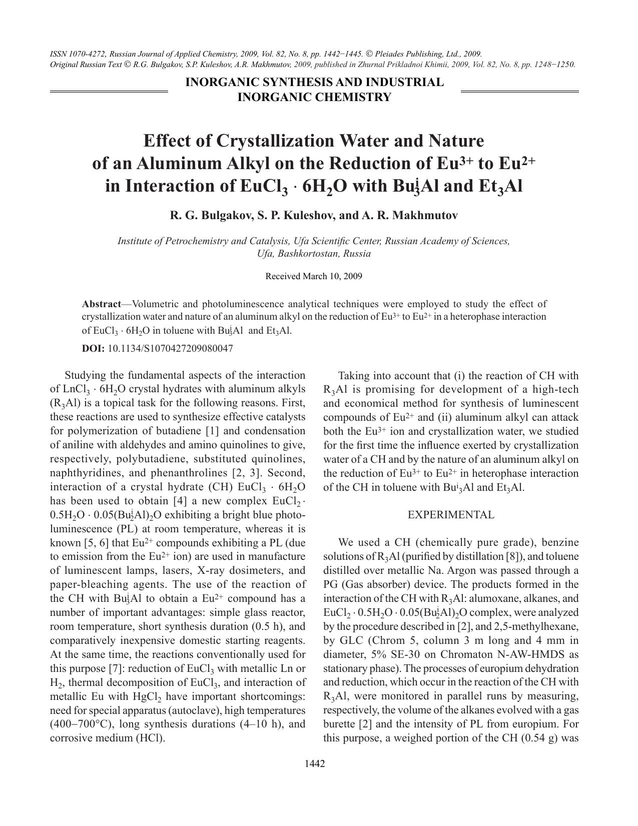 Effect of crystallization water and nature of an aluminum alkyl on the reduction by Unknown
