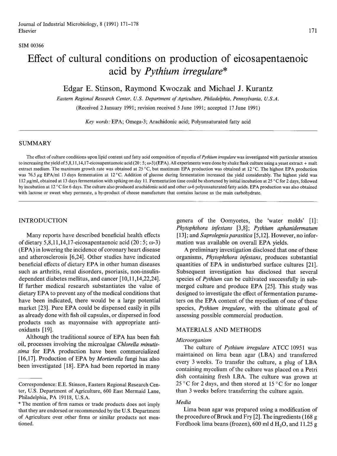 Effect of cultural conditions on production of eicosapentaenoic acid by <Emphasis Type="Italic">Pythium irregulare <Emphasis> by Unknown