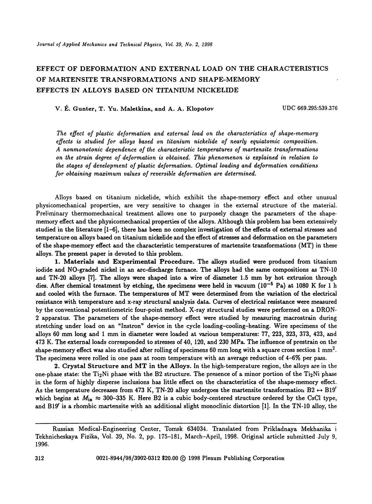 Effect of deformation and external load on the characteristics of martensite transformations and shape-memory effects in alloys based on titanium nickelide by Unknown